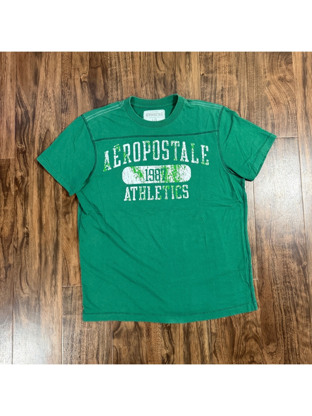 Vintage Y2K Aeropostale Athletics 1987 Graphic T Shirt Mens L Green Distressed